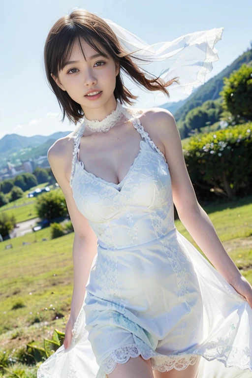 8K、(realisitic、Photorealsitic:1.37)、(masterpiece:1.2)、(top-quality:1.4)、(超A high resolution:1.2)、(RAW Photography:1.2)、(foco nítido:1.3)、(facefocus:1.2)、(full bodyesbian:1.5)、(full body Esbian:1.2)、(30-years old:1.5)、1girl, (solo:1.5), long hair, upper body, (one-piece dress:1.3), White dress with floral pattern、outdoor,Shy smile, blue sky、amazing landscape, Hillwith a good view:1.3、beautiful finely detailed eyes、dual、Look at viewers, (cute little),nogizaka、middlebreast、thighs thighs thighs thighs、backshots