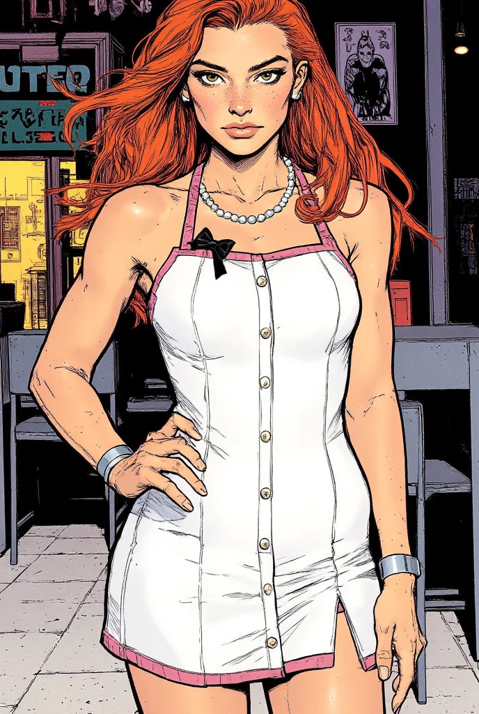 nsfw, ., . , ., thin twenty year old woman with small breasts, <lora:wizards_vintage_comics-Undergroundf16:1>, comic book drawing, Sailor Brinkley Cook mixed with Jennifer Flavin mixed with Ruth White,  woman, red haired, fallera  hair,, Photograph by Albert Watson,, Zombie Apocalypse, Thrift store,, school girl uniform, medium purple, shaggy ,, curiosity,, suggestive,, posing ,, eyes rolled back, legs spread,, 3/4  view