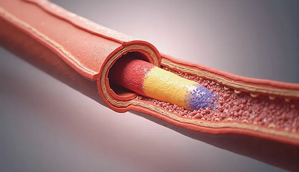 A medical illustration of a cross-section of artery,  narrowed by plaque buildup, reducing blood flow. the plaque is shown in yellow.