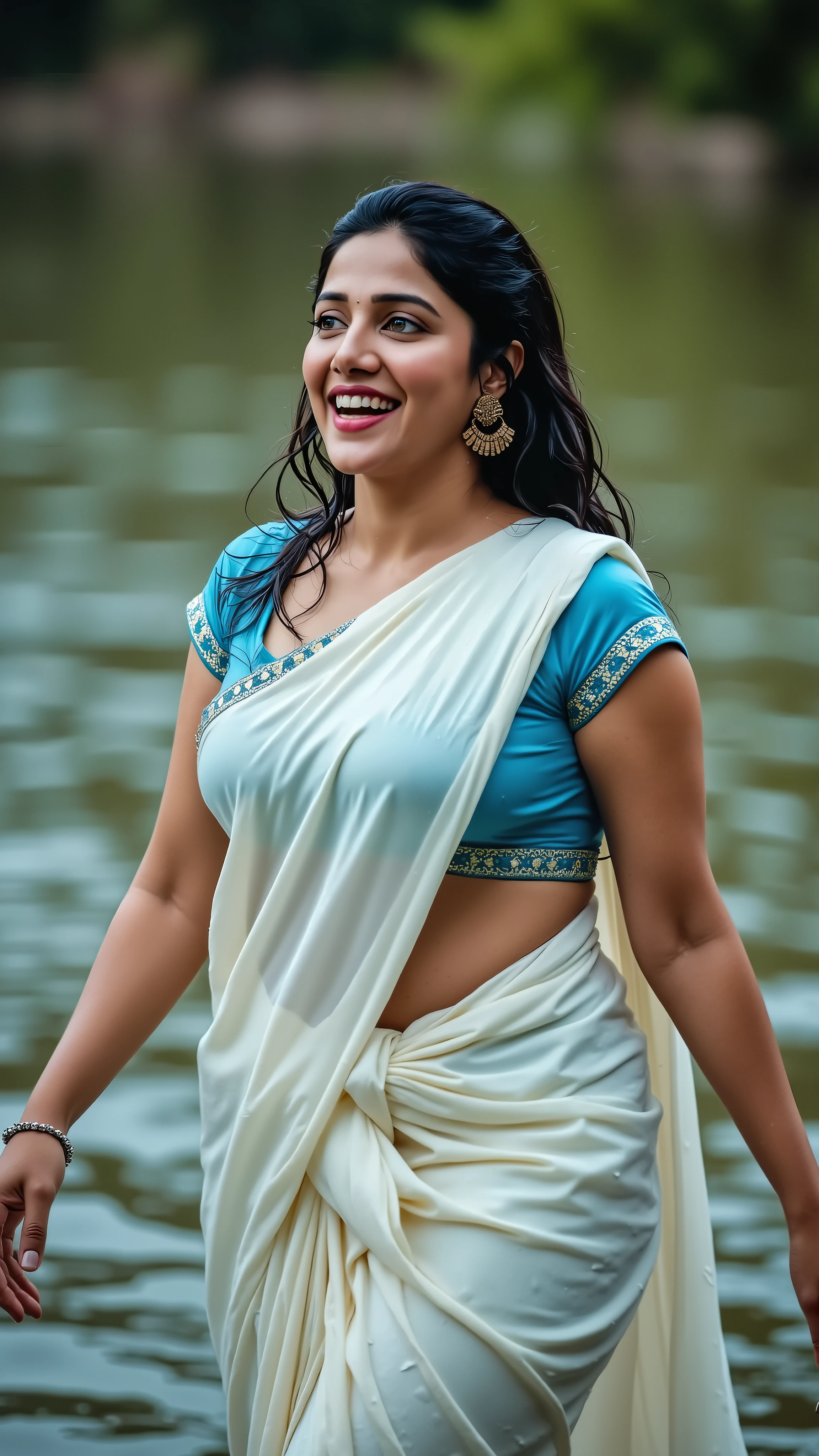 a beautiful  malayali house wife, chubby cheeks, wet hair, wet bidy, emerges from a river after bathing, her long dark hair wet, wearing a white  saree and blue blouse  that clings to her curvaceous figure, serene expression on her face, photorealistic, highly detailed, vivid colors, dramatic lighting, intricate  lavender saree and blue blouse folds, realistic water effects, cinematic composition, fantasy art style, excited expression, enjoying water