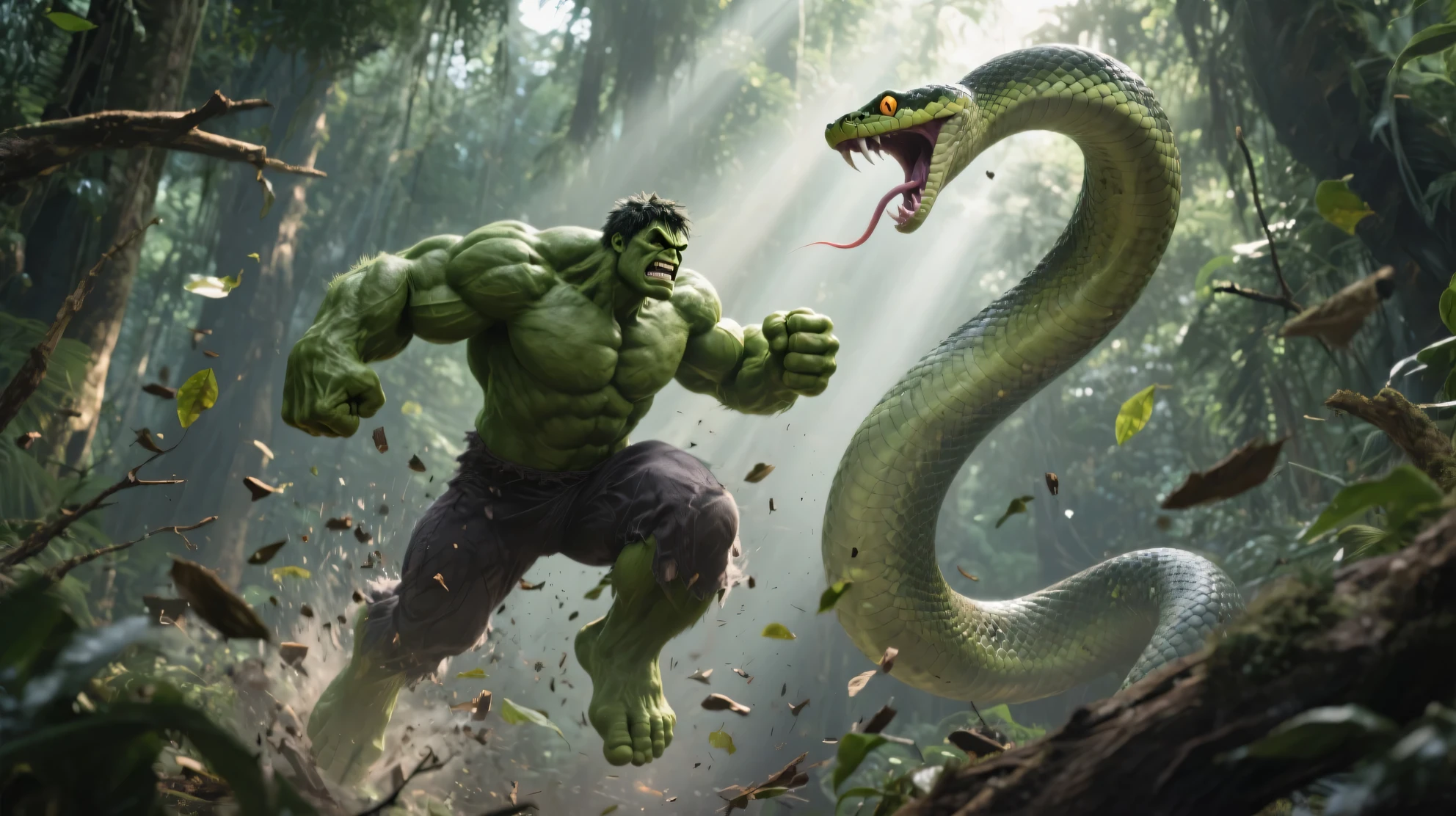 Hulk holding a big anaconda in his hand and anaconda open mouth for bitting him