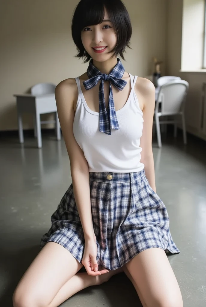 （16K、Raw photo、Highest quality、masterpiece：1.2),(Spread your legs wide,Legs wide open),(Long Bob Cut),Staring at the audience,Viewed from the front,strong,erotic,student,Light green Bra,White skin,knees,(Black Pantyhose),Absurd,Small Face,前hairを真ん中から分ける、The forehead is visible,(Embarrassed,eyeを細めて,Glare,strong,skinny,Sanding,Rage)、masterpiece,Highest quality、Ultra-high resolution,Raw Panties,Len,Beautiful poop,One person, solo,whole body、cute、Back to Students,ＪＫ ,high school girl,Japanese women,standing,（Photorealistic：1.37）、Photon Mapping,Realistic、cute顔,茶色のeye、Black socks、(Red bow tie)、Radio City、物理ベースLenダリング、prospect、Depth of written boundary、Blurred Background、picture,Girls、body,Beautiful feet, Long legs, Thin legs,Tie your hair into one strand on your chest,(前hairが見える), hair, Lips, green_eye, Nose Soft,(Light blue shirt), (Navy, blue and white checkered pleated skirt), kneesが見える,See-through clothing,, thigh, black cotton socks,Nogizaka idol, , Japanese Ido、Big ample breasts、Cleavage、Unbutton your shirt to reveal your chest、(The detailed shape of a woman&#39;s pubic hair is clearly visible: 1.4), Masturbation Girl，whole body写真、Roll up the skirt yourself、Super Definition、loafers、No pants、No pants、Very good、Very good、No pubic hair、The genitals are wet、In a hotel bed、Dimly lit room、Black kneese-high stockings、Black kneese-high socks、