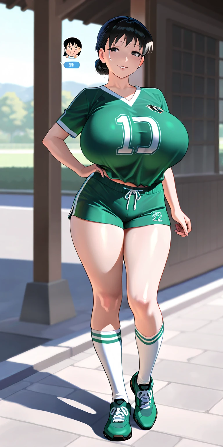 Chunli, 1 girl, ((at last))), perfect face, perfect eyes, looking at the viewer, short hair, brown hair, plump lips, thick lips, wide hips, thick thighs, Longing face, huge natural breasts, cleavage, mature mom, (often play sports), (sports short), looking at the viewer, brown eyes, outdoor, Tokyo, belly button, strong legs, full body shot,