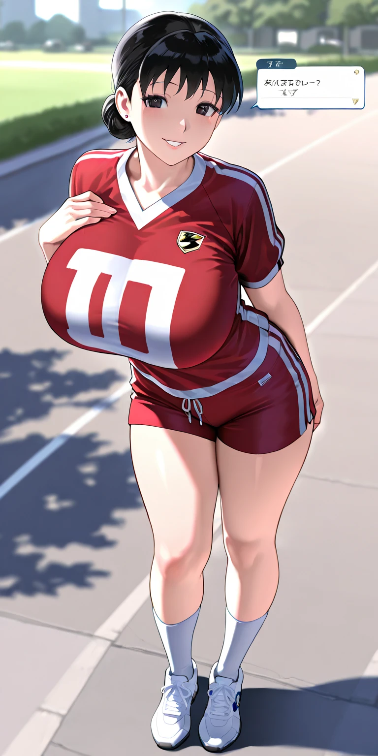 Chunli, 1 girl, ((slut))), perfect face, perfect eyes, looking at the viewer, short hair, brown hair, plump lips, thick lips, wide hips, thick thighs, The face of longing desire, huge natural breasts, cleavage, mature mom, (play sports often), (sports short), looking at the viewer, brown eyes, outdoors, Tokyo, belly button, Strong legs, full body shot, 