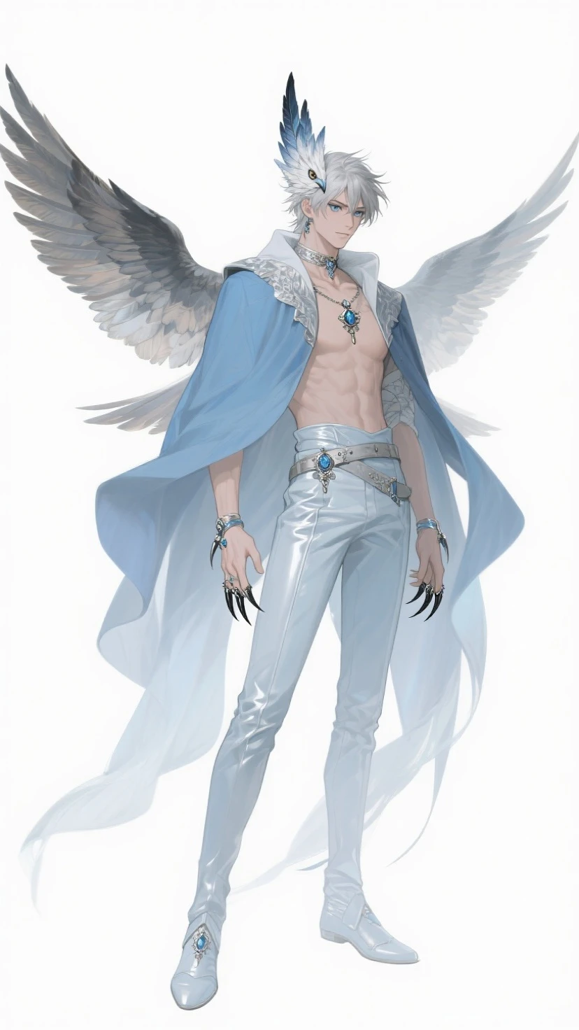 ((Masterpiece, Highest quality)), Male, boy, Detailed face, character design sheet, full bodyesbian, Full of details, frontal body view, back body view, Highly detailed, Depth, Many parts, angel wings, white hair, angel outfit, Muscle boy with white long hair,handsome man, male angel , man tall,