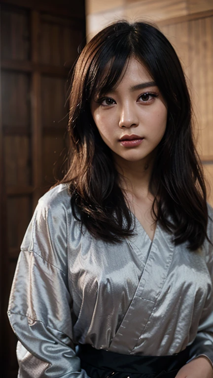 masterpiece, best quality, Long shiny hair, perempuan Jepang, elegan, tradisional, kimono, rambut hitam, berkilau, detail tinggi, gaya anime, 8k, ultra detailed, cahaya lembut, ekspresi tenang