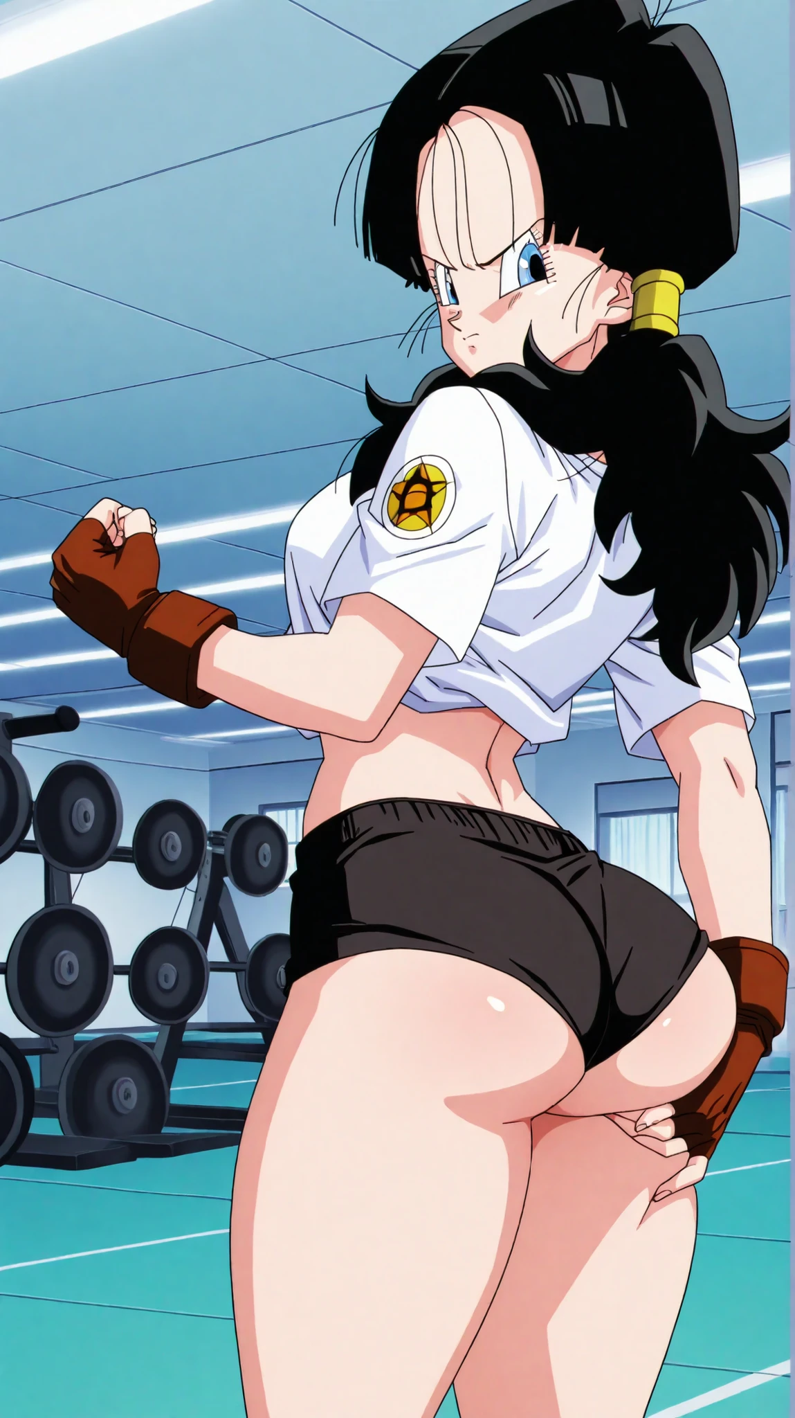source_anime, score_9, score_8_up, score_7_up, anime screencap,
videldbz, 1girl, solo, looking at viewer, long hair, blue eyes, black hair, ponytails, ass, (((ass grab))), thick thighs, white shirt, gym, fingerless gloves, black shorts, short shorts, visible ass, shorts the size of panties, short panties short shorts,Very thin waist, thin waist, thin waist,
