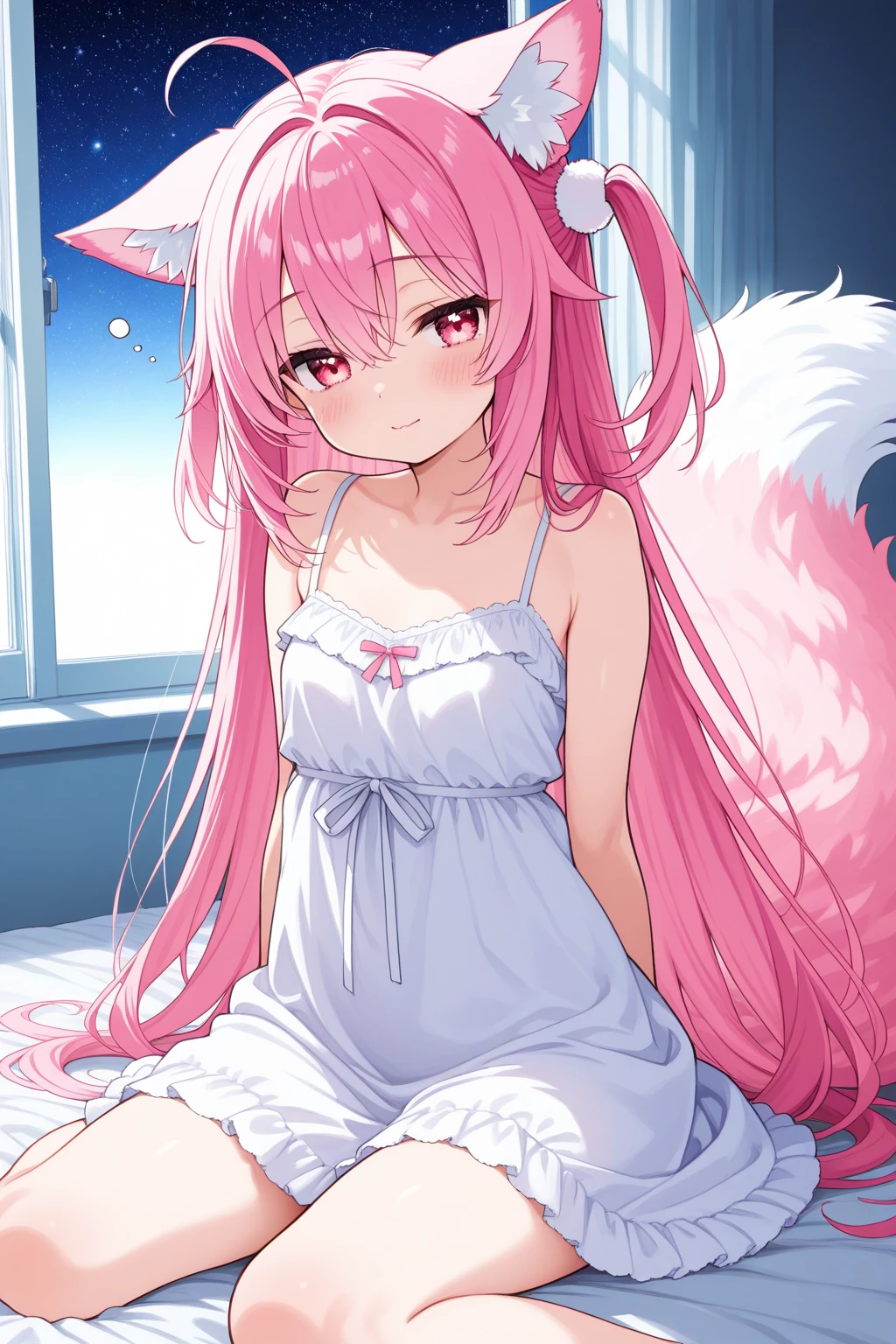 Highest quality, masterpiece, detailed, 1 person,,small,cute,blush,smile,White chemise dress, Pink Hair,Long Hair,Cat ear,(Fox tail),Sitting on a white futon, Cowgirl, From below, Cowboy Shot, (Japanese-style room), (darkness), Perfect Legs,barefoot
