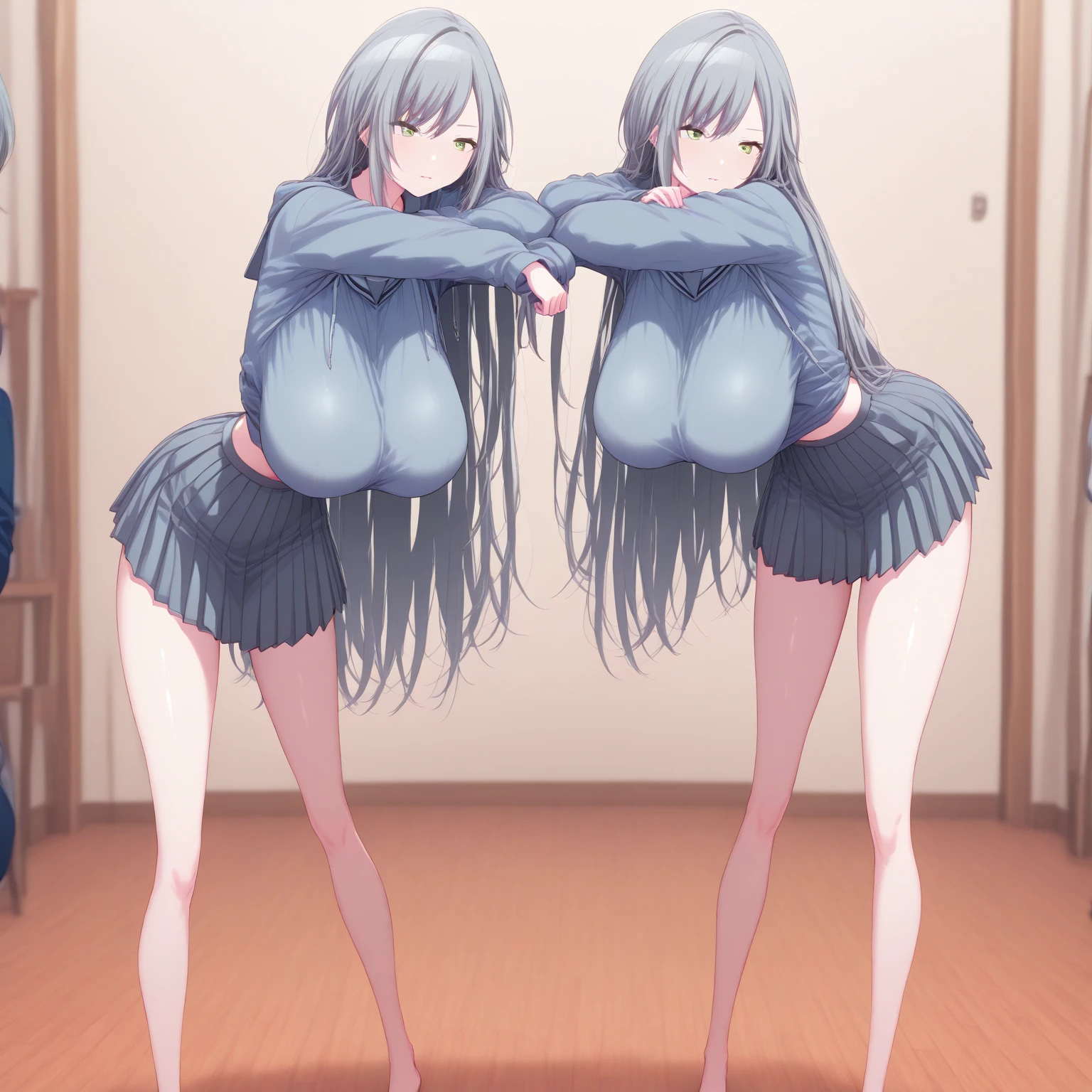 ((masterpiece))((Highest quality))Mouse Ears、girl、smile、blush、Flat Chest、Are thin、、low length、Gray Hair、blush、Are standing、Whole body image、Even your toes are visible、Eye level on face、front、No background、Mouse pose、真frontのアングル、Completely naked