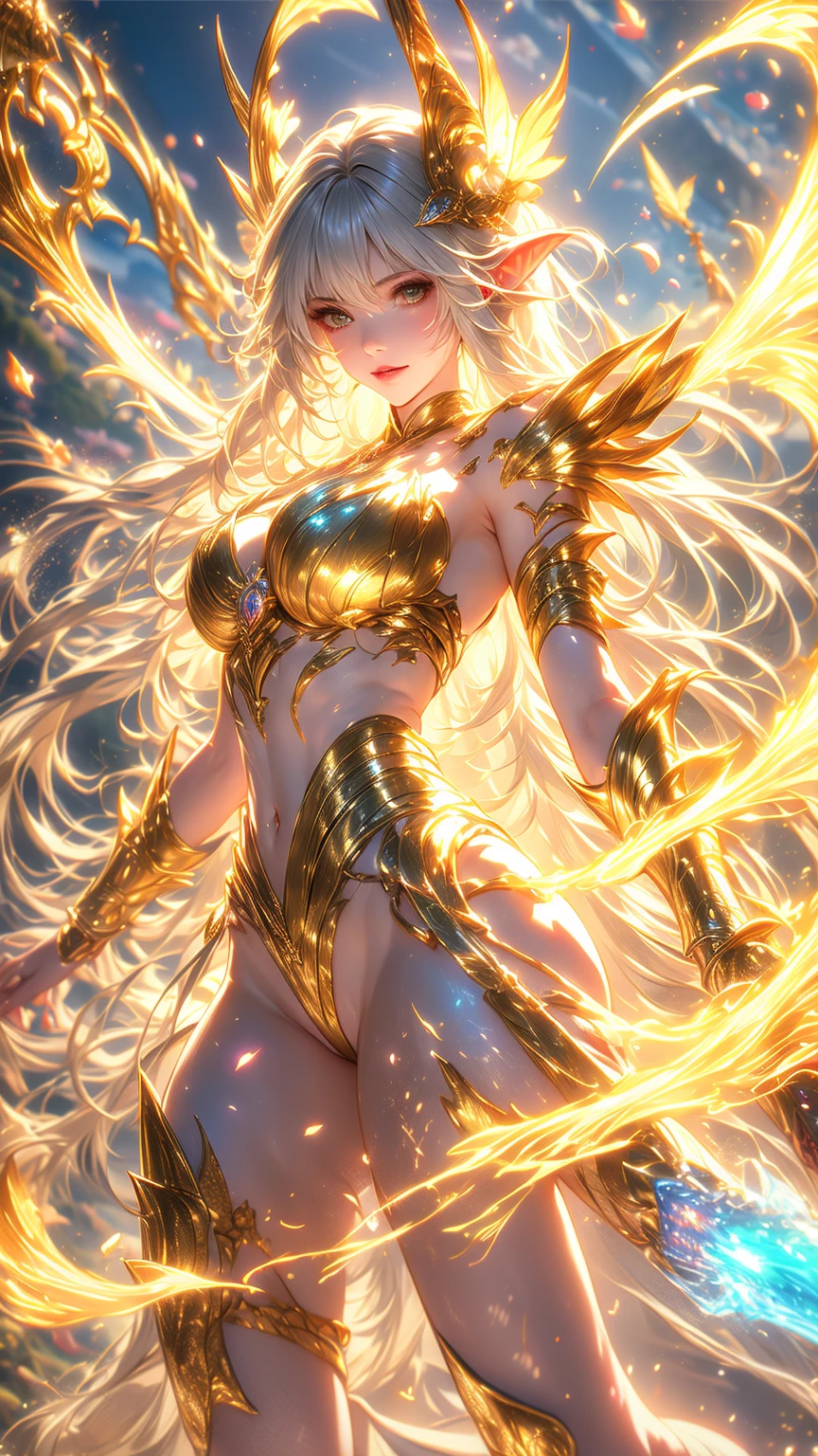 Blonde woman with long hair，goddess,cleavage，golden dragon horn,Golden Dragon Scale,Dragon Tail,Thong,，Alpine rocks