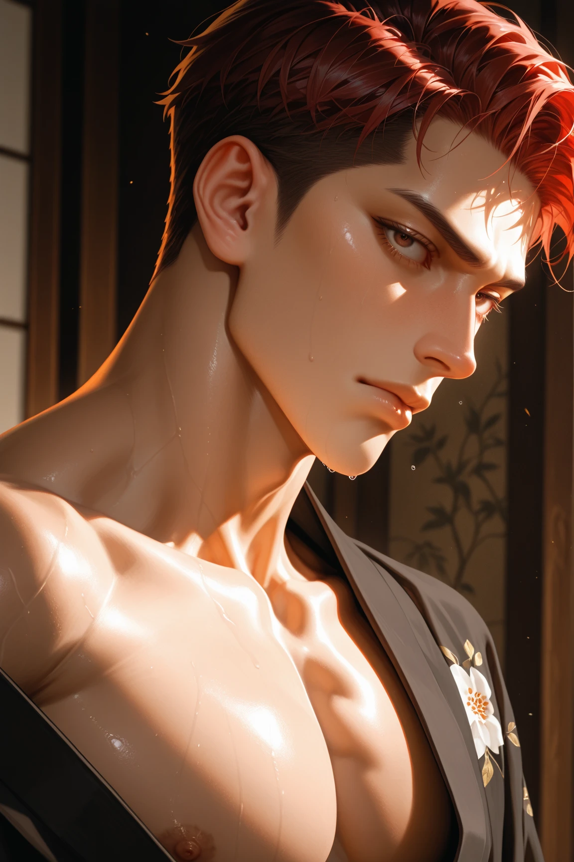 (8k, RAW photo, best quality, masterpiece:1.2), (realistic, photo-realistic:1.4), ultra-detailed, (high detailed skin:1.2), (asian) pale skin, white and red hair, handsome 1man,  