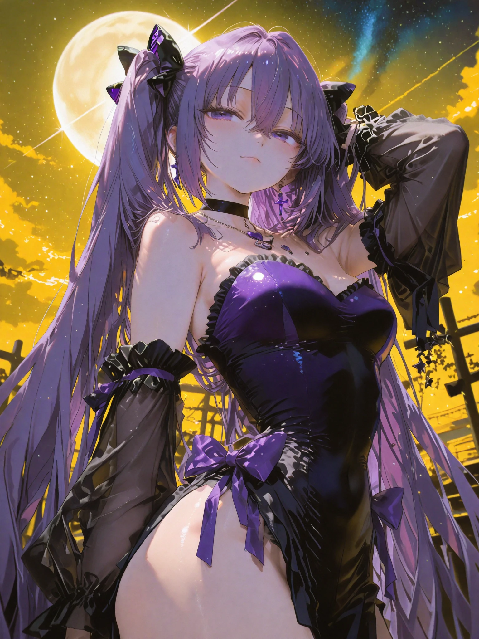 Masterpiece, very detailed, ultra detailed, one, (1 woman), she is in a black detailed Gothic dress, and in an elegant position, long hair, black hair, black hair and purple flower on the head, black demonic horns, beautiful, charming, bright purple reptile eyes, reptile purple eyes, super purple eyes, bright eyes, elegant, large breasts, neutral face, cold face, charming, against the background of crosses and coffins, valiant atmosphere.