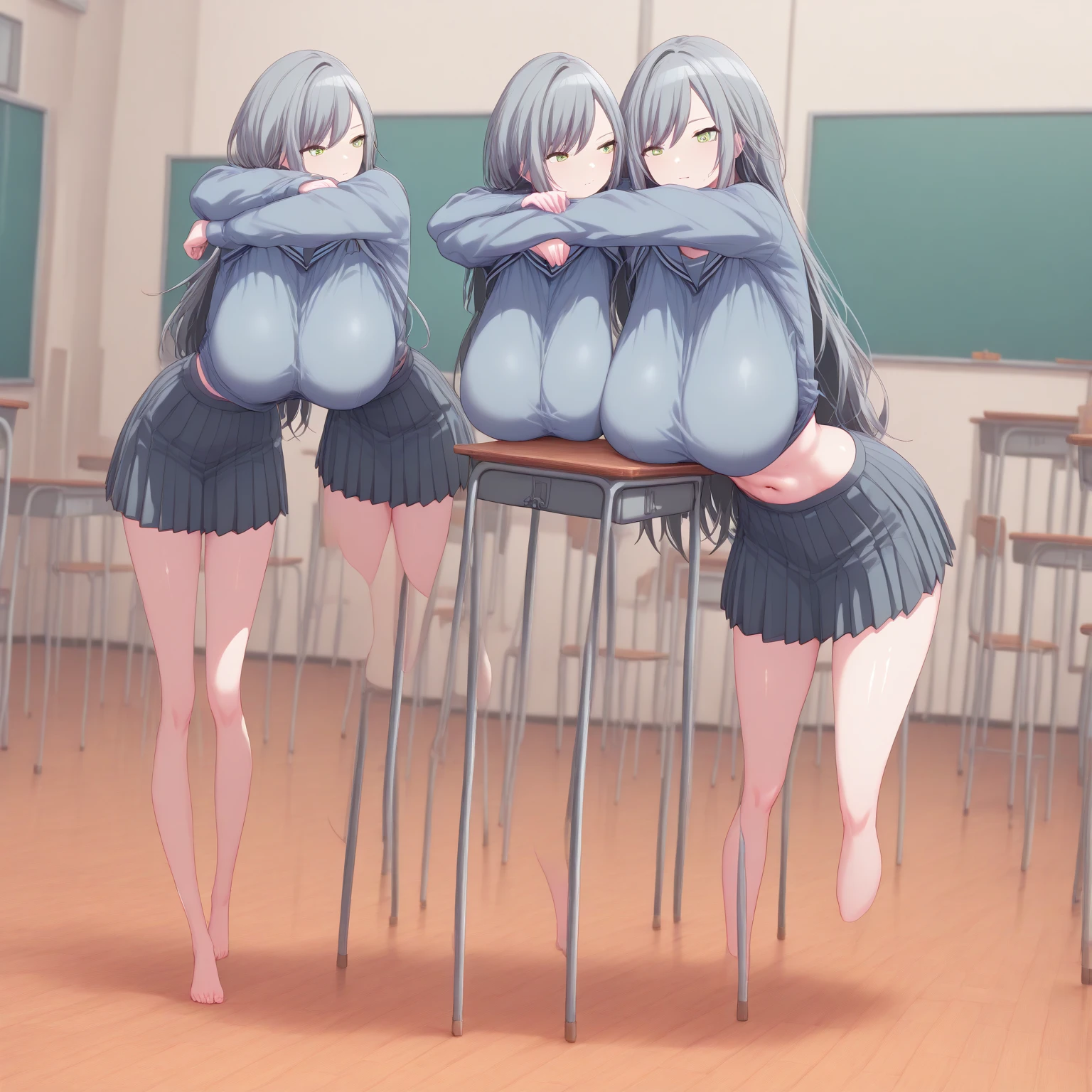 (cute eyes:1.2), (sparkling eyes:1.2), (8K、Best image quality、highest quality、masterpiece)、Detailed face、(2 girls)、Improve、(Black Hair, Purple Eyes, long hair)、(open mouth), (embarrassed), (skinny body:1.1),(medium breasts), (Tank top:1.3), (standing), (leaning forward), (hands on knees:1.4), (cleavage), Classroom Background,(from above:1.2)
