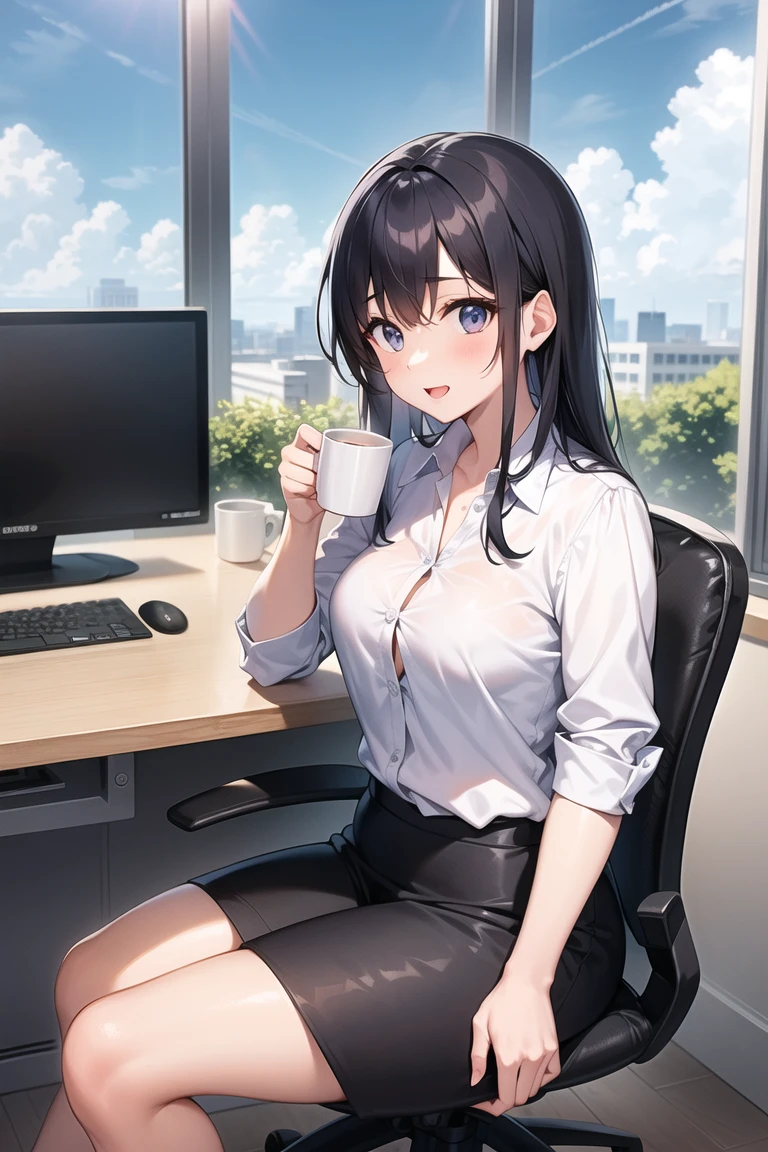 1lady sitting, holding a coffee cup, office worker outfit, /(id card lanyard/), mature female, /(black hair/) bangs, (masterpiece best quality:1.2) delicate illustration ultra-detailed, large breasts BREAK /(modern office indoors/), window skyscraper
