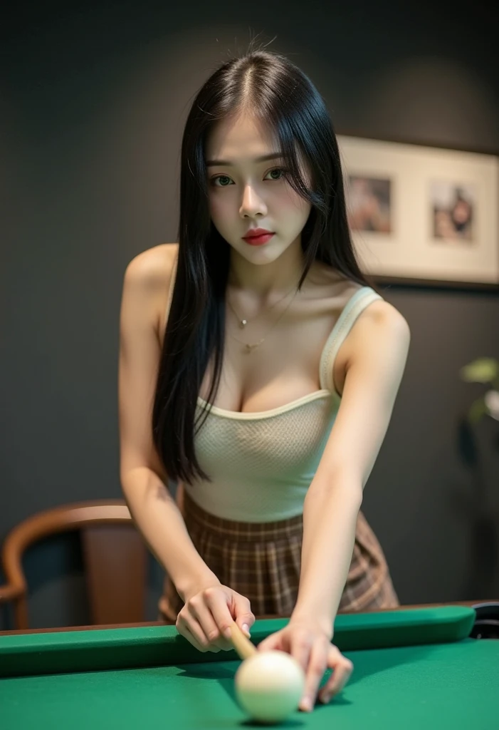 21yo girl, beautiful outfit , In a room with a billiard table, he held a long stick in her hand