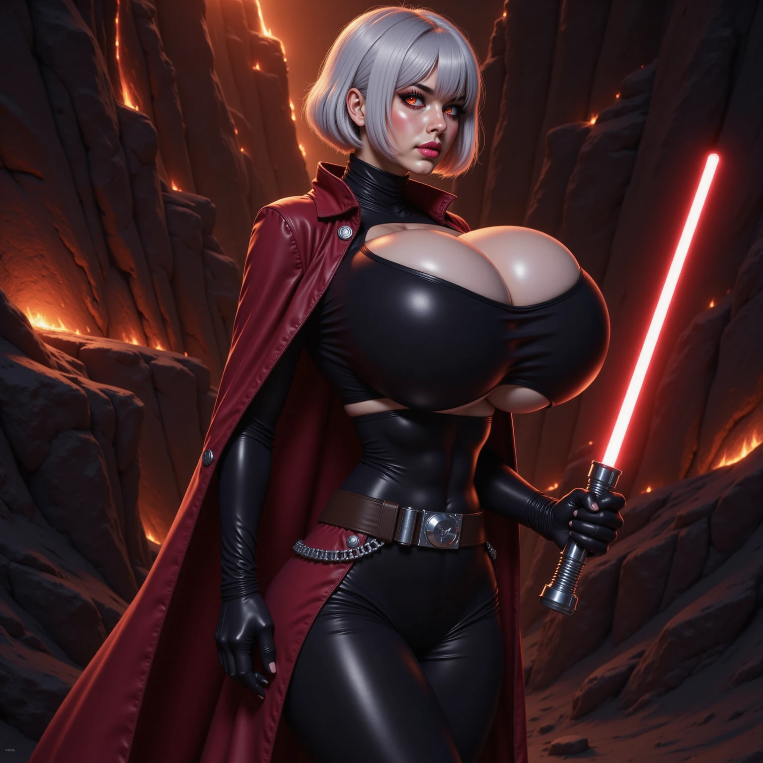 La mujer, sith, ropa corta, poca ropa,ropa, stockings, medias, star wars, death star, muy detallado, Realistic long-term photography., 4k, pelo largo, brown hair, By the chestnut, labios rojos, hood, capucha, sexy,red lips, brown eyes, big breasts, pechos grandes, breasts, light saber, red light saber, sthoutfit, Lucia Auditore