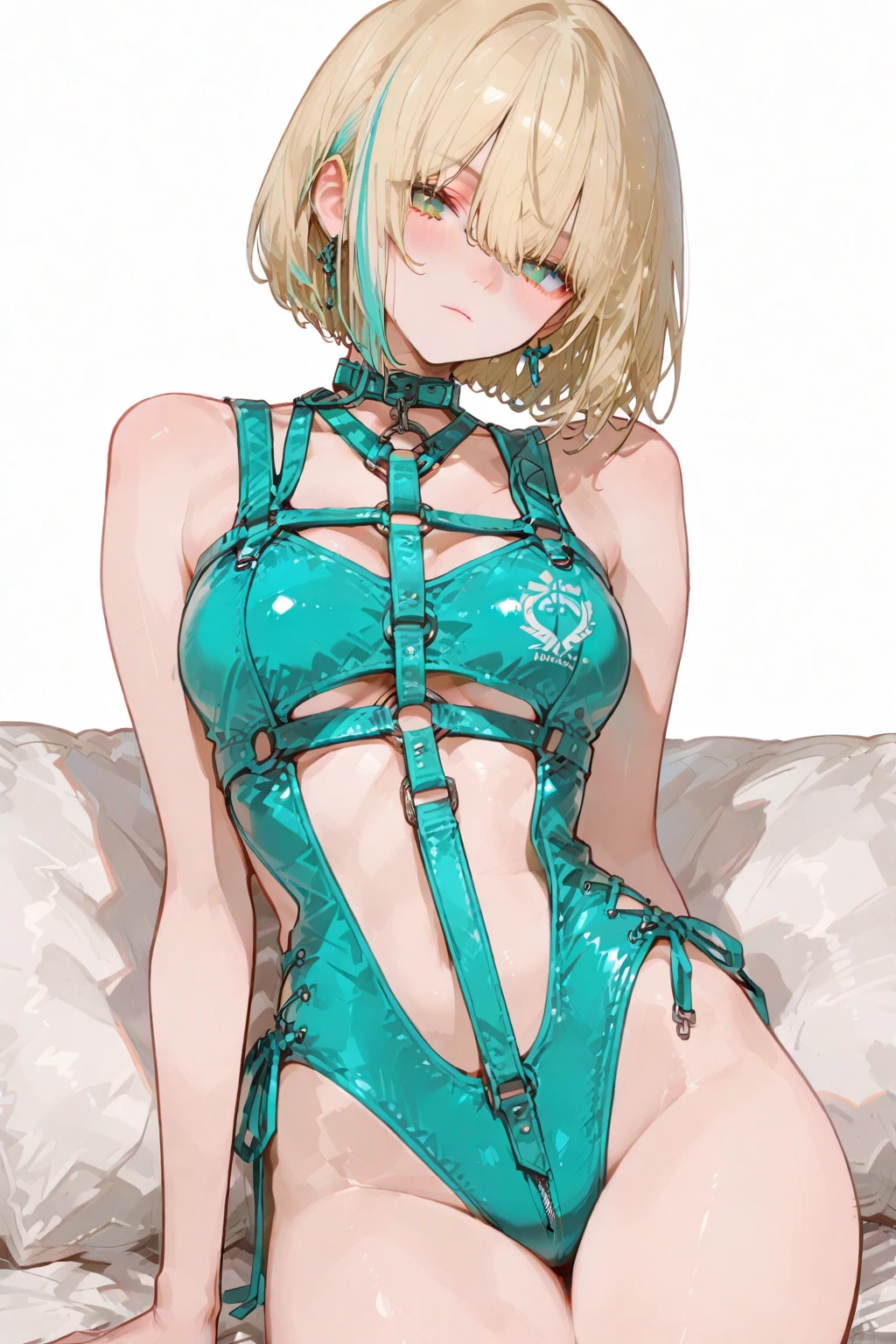 Blonde hair, short mash hair, turquoise eyes,A girl with impressive blonde hair、hair ornaments、short bob、hot pants、smile、dynamic pose, Bondage Suit, mocking smile