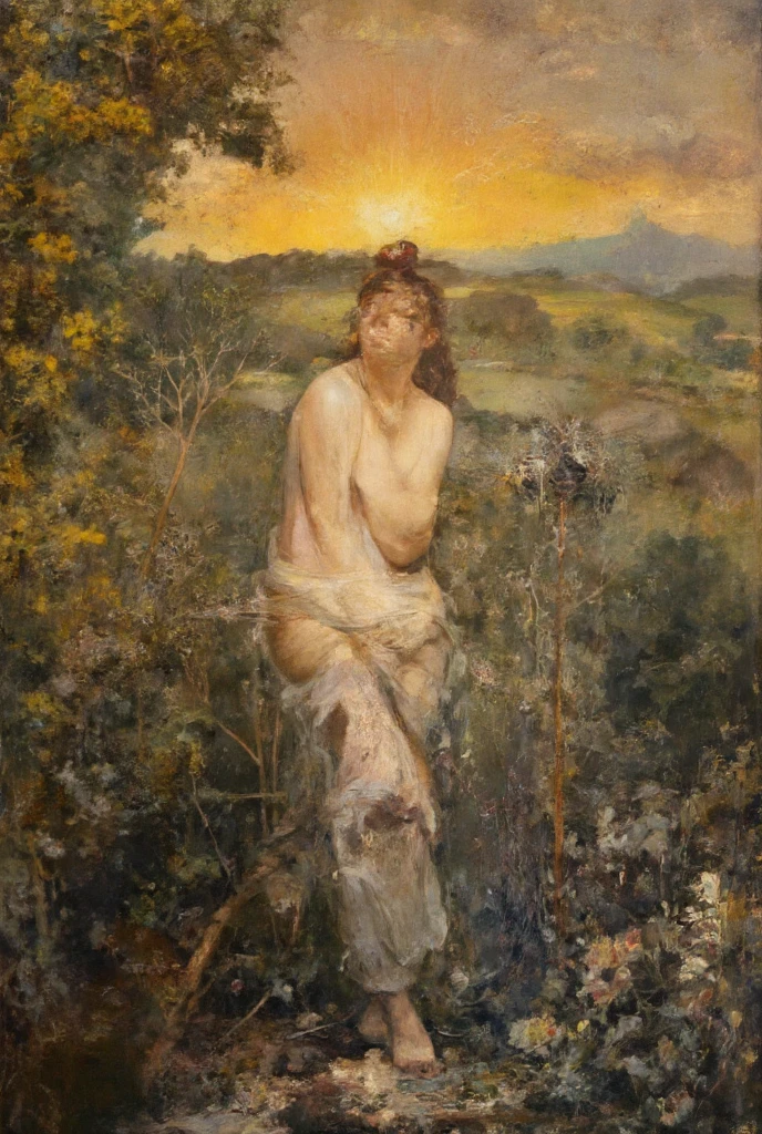 painting of a nude woman sitting in the grass under a tree, by Guillaume Senyak, by Guillaume Senyak, herbert james draper, hans tzatzka, hans tzatzka, non-binary deity of spring, hans tzatzka, art by edouard bisson, goddess in a field of flowers, art by emil eisman - semenovsky, by herbert james hunn