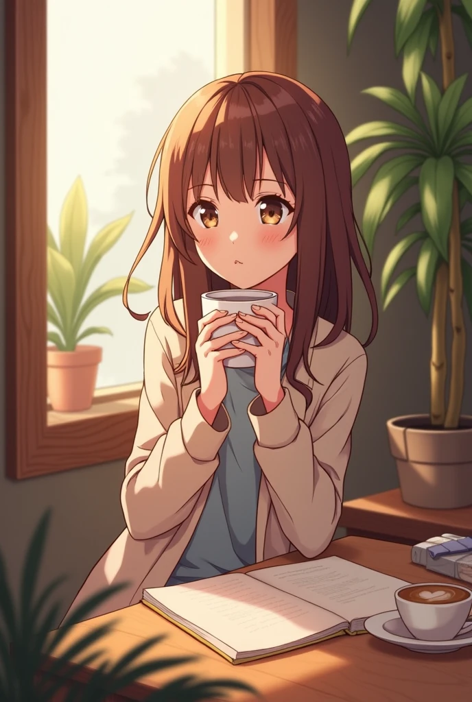 irohaisshiki, iroha isshiki, long hair, brown hair, (brown eyes:1.5), smile,smile,T-shirt,shorts,Sheer long cardigan　Front open,barefoot,On the table is a coffee mug and a plate of toasted bread.,window　building street,Sunlight shining through the gaps in the building,morning,sunrise,sitting in a chair,
break indoors, indoor,
break looking at viewer,
break (masterpiece:1.2), highest quality, High resolution, unity 8k wallpaper, (shape:0.8), (fine and beautiful eyes:1.6), highly detailed face, perfect lighting, Very detailed CG, (perfect hands, perfect anatomy),