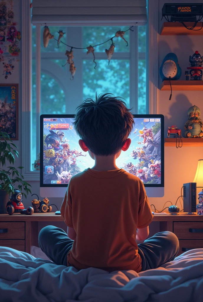 a boy playing a computer games on his room 