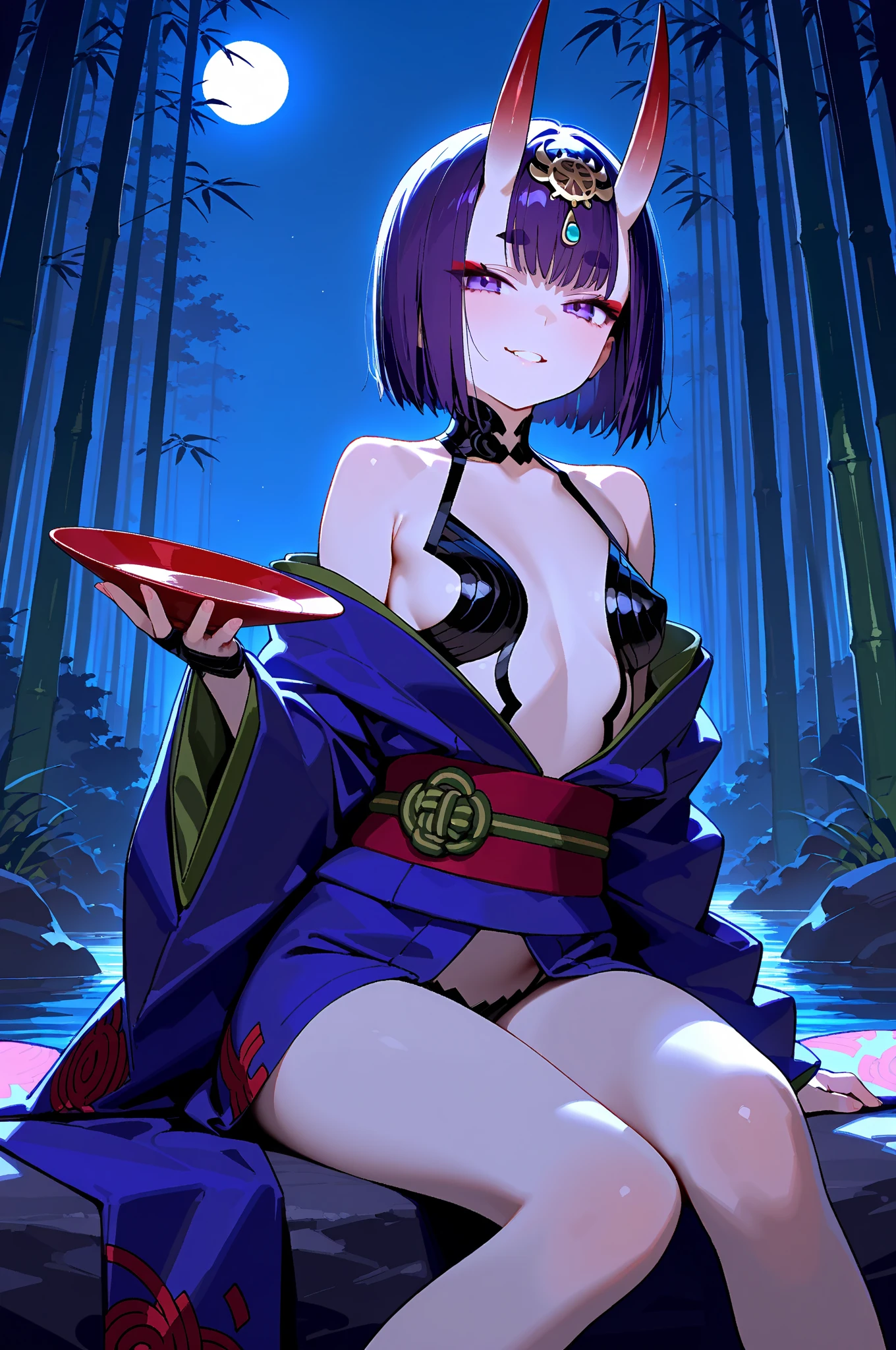 (masterpiece, detailed description of the best quality, ultra-detailed), one girl, sitting on a throne, solo, spread her legs, revealing clothes, shuten doji style, decorated with a headdress, wearing a purple kimono and obi, hands behind her head