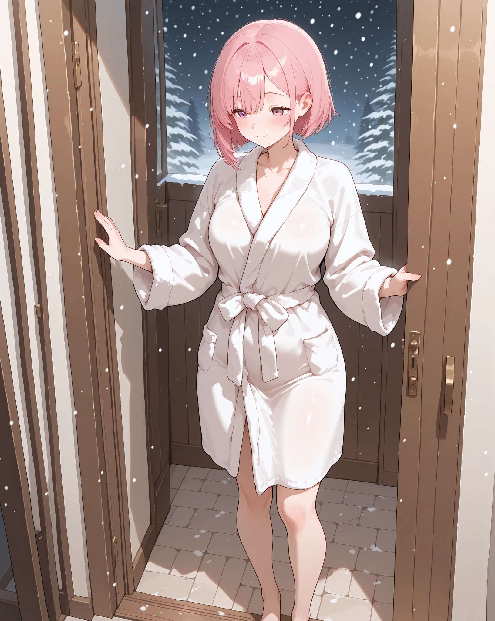 15 year old girl,tmasterpiece,Innocent face,Bob Head,White bra,did not wear panties,The lower body is naked,Bare legged,Barefoot,standing on your feet,Snow-whiteskin,overcast day,with pink hair,a pink eyes,thick thight,the wallpaper,NSFW