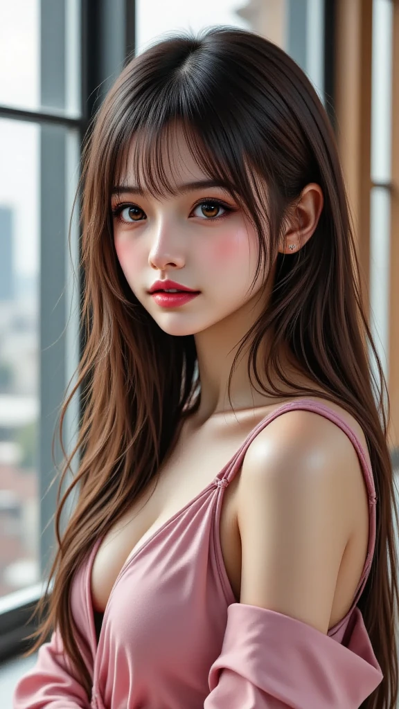 (best quality), (ultra-detailed), (llustration), (detailed light), (an extremely delicate and beautiful), 1young girl, brown hair, brown eyes, model, bare shoulders, best quality, extremely detailed CG unified 8k wallpaper, High-definition raw color photos, professional photograpy, (((Bokeh))), depth of fields, twilight, sunset,