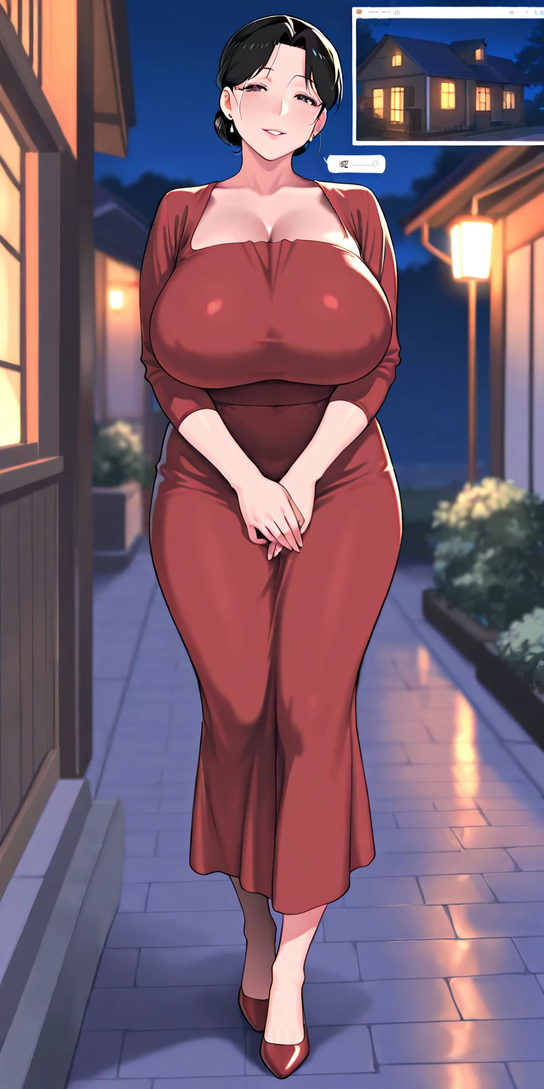 (), Misae Nohara, milf, thick thighs,  legs, hourglass figure, , Looking at the viewer with  eyes, man woman , exposed , brown short black hair,  expressions,  pose, hard  , hard , best quality, highres, bbyorf, gold earrings, , jewelry, off shoulder, red transparent sweater black stockings, high heels, sweater , long sleeves, no panties, outdoors,