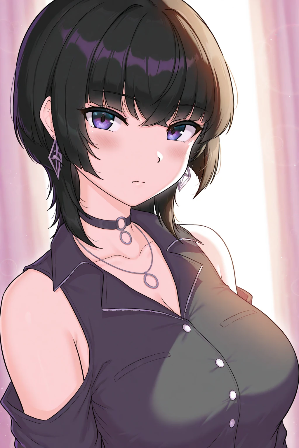 anime, a young women with black hair and green eyes, today's featured anime still, anime women, anime beautiful women, shuushuu anime image, female anime character, handsome anime pose, anime visual of a cute girl, in the anime film, short hair, bondage, bdsm, sadomaso, sexy, partial nude, angry looking face, smirk on face, tattoos, piercing