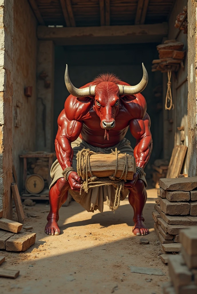 Minotaur with a bull-head dressed as a shaolin monk doing martial arts