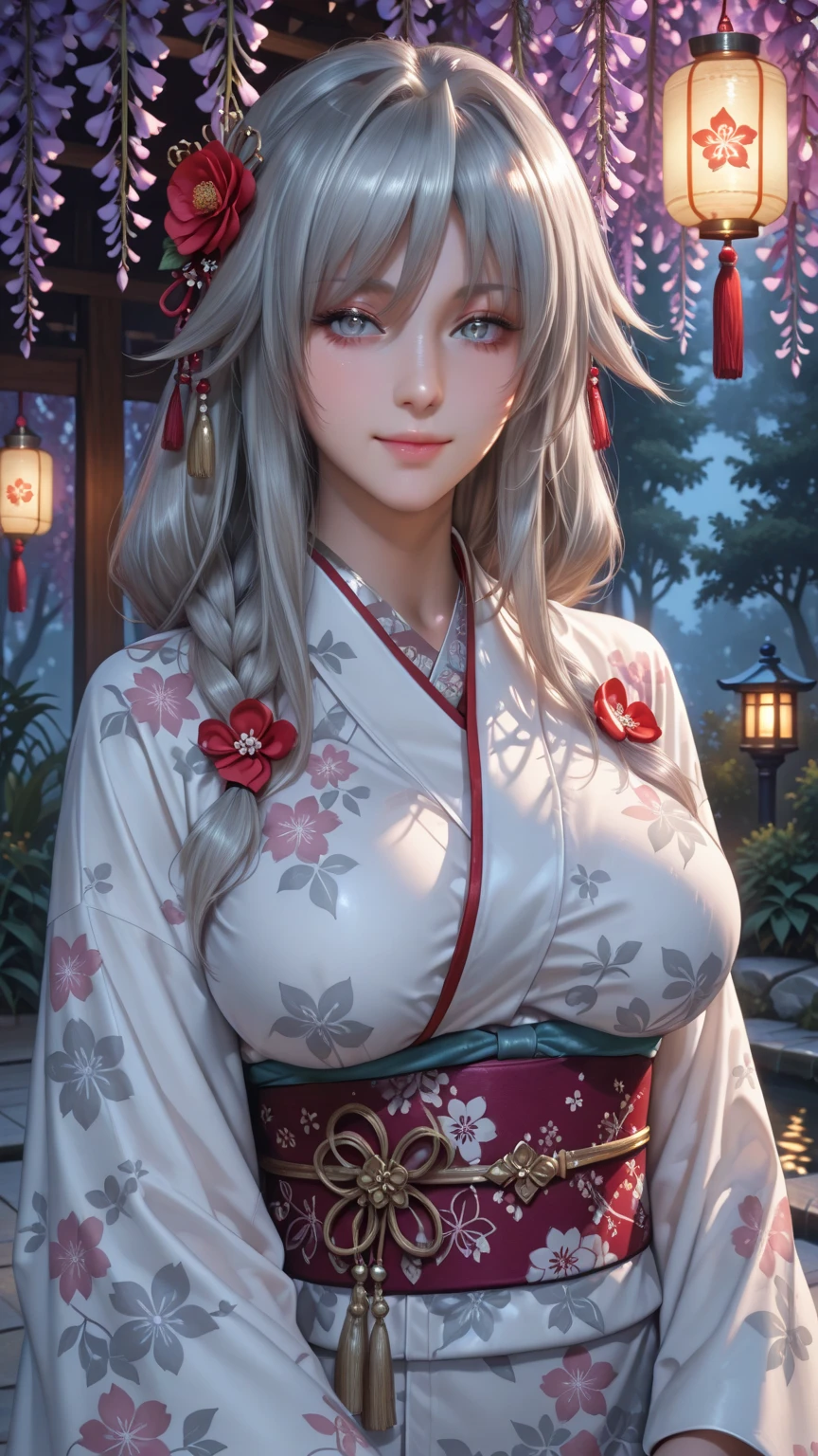 Beautiful white hair woman is shown to have a slender figure, she is wearing a kimono, sexy look, flower in hair, ponytail, blue eyes, girl watching a lantern show ,sexy session, sexy pose, cowboy shot, superior quality, many details, realistic