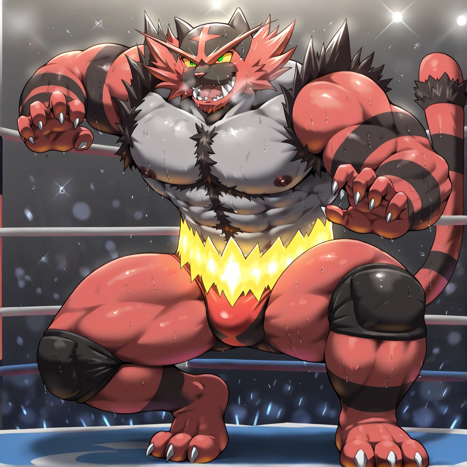 Get closer to your audience,Get closer to your audience,loooking at viewer,(masterpiece,Highest quality,Very detailed,Perfect ???????),kemono,Sharp focus, From null-ghost,alone,Humanity,Muscular,pokemon,Incineroar,Beautiful eyes,naked,low angle,View your viewers,Beautiful room,erect penis,Get angry,Place hands on hips