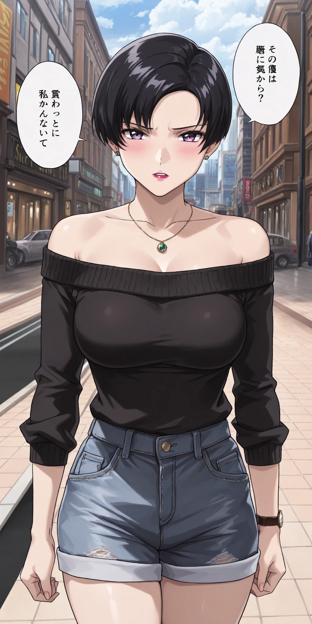 masterpiece, best quality, solo, goth old woman, spoiled Karen, green eyes, white hair, purple lipstick, tank top, denim jeans, public, pervert, dainty, glasse,