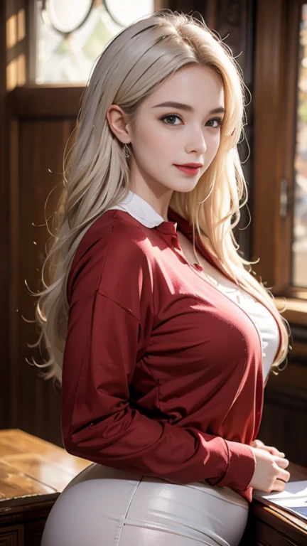 (best quality, ultra-detailed, photorealistic: 1.39), Face of naughty 25 year old teenager, bright and vibrant colors, studio lighting, romantic expression, Big perfect breasts, simple red blouse, long sleeves, with strap around the neck, short jeans elegant, elegant makeup, long blonder hair flowing in the wind, attractive eyes, lips bright, sexy pose, beautiful roses, smiling confidently and seductively, posing for a professional photo shoot, shallow depth of field, soft natural lighting, creating a dreamy and magical atmosphere, in the magical library, books and table