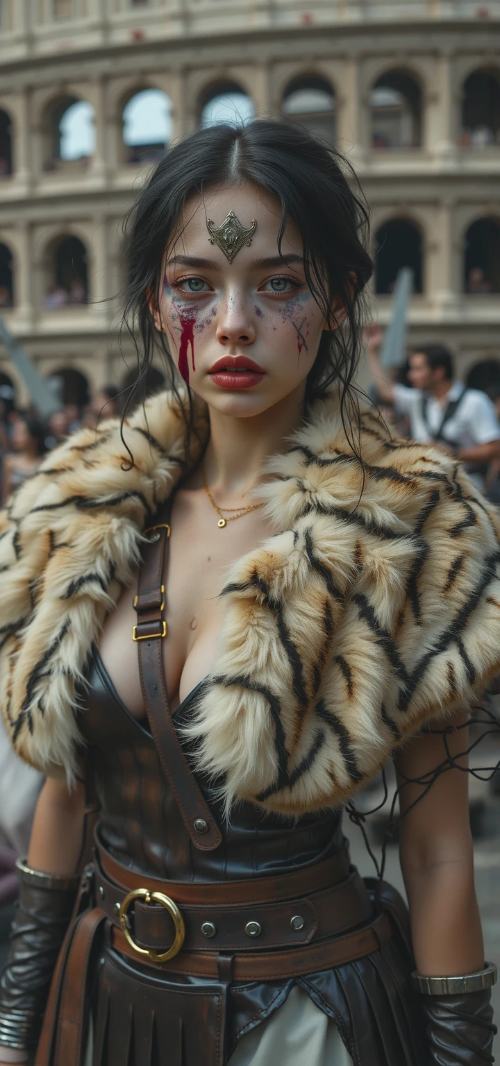 Girl with wavy red hair and rebellious, ((hair slicked back)), Caucasian woman,golden eyes and tanned skin, round breasts,Steampunk pirate style clothes, (gigantic breasts), background with clouds, realistic style.