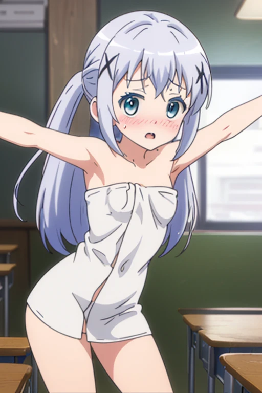 Long silver hair, green eyes, headband, necklace, cheerleader costume, flat chest, beautiful thighs, smile, happy, inside house
