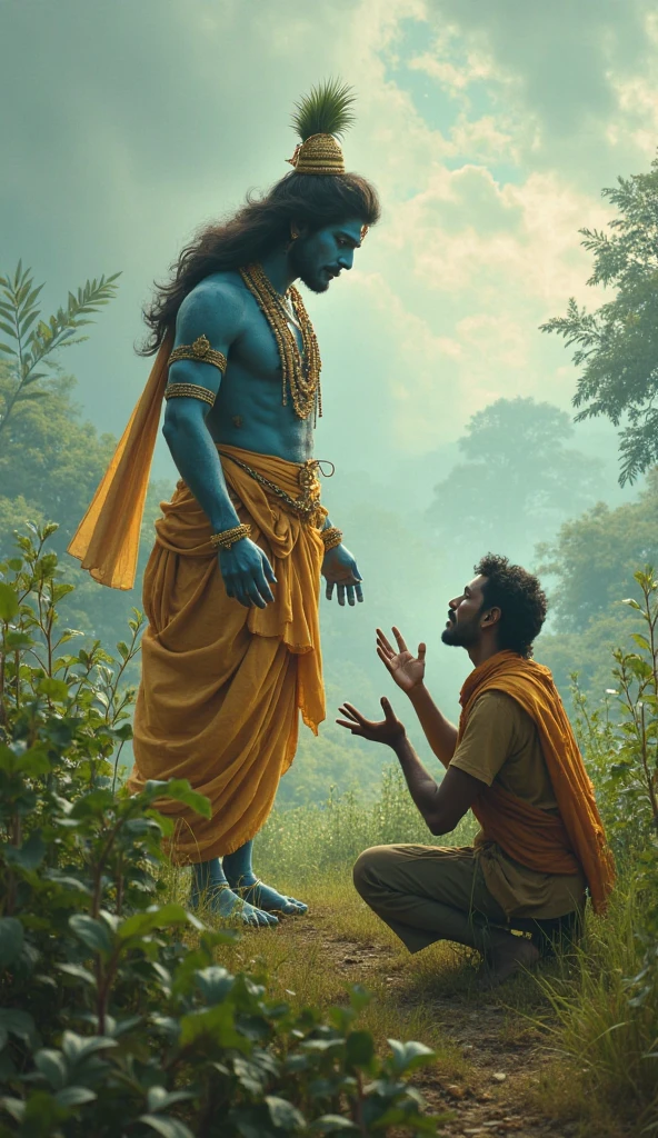 .God Shree Krishna with arjuna holding one holy book and trying to tell him something. Arjuna is sitting just like a hopeless person and krishna with just god like entity and make the land just like destroyed by war and make background just like time stopped everything other existing things like people, birds and etc. and sky made black cloudy just like horrible with small point over Krishna light coming. 