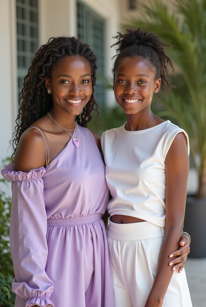 Caila, solo, realistic, black girl, ((2 girl)), ((mature)), african american young woman, young black woman, dark-skinned, upper body only, ((patio )), taking a selfie, smiling, wearing off shoulder red dress