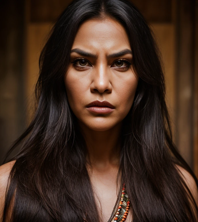 A beautiful  Native American woman, a vampire, has a Chicano style about her, has a great physique, soft demeanor, very mature, and wields a weapon