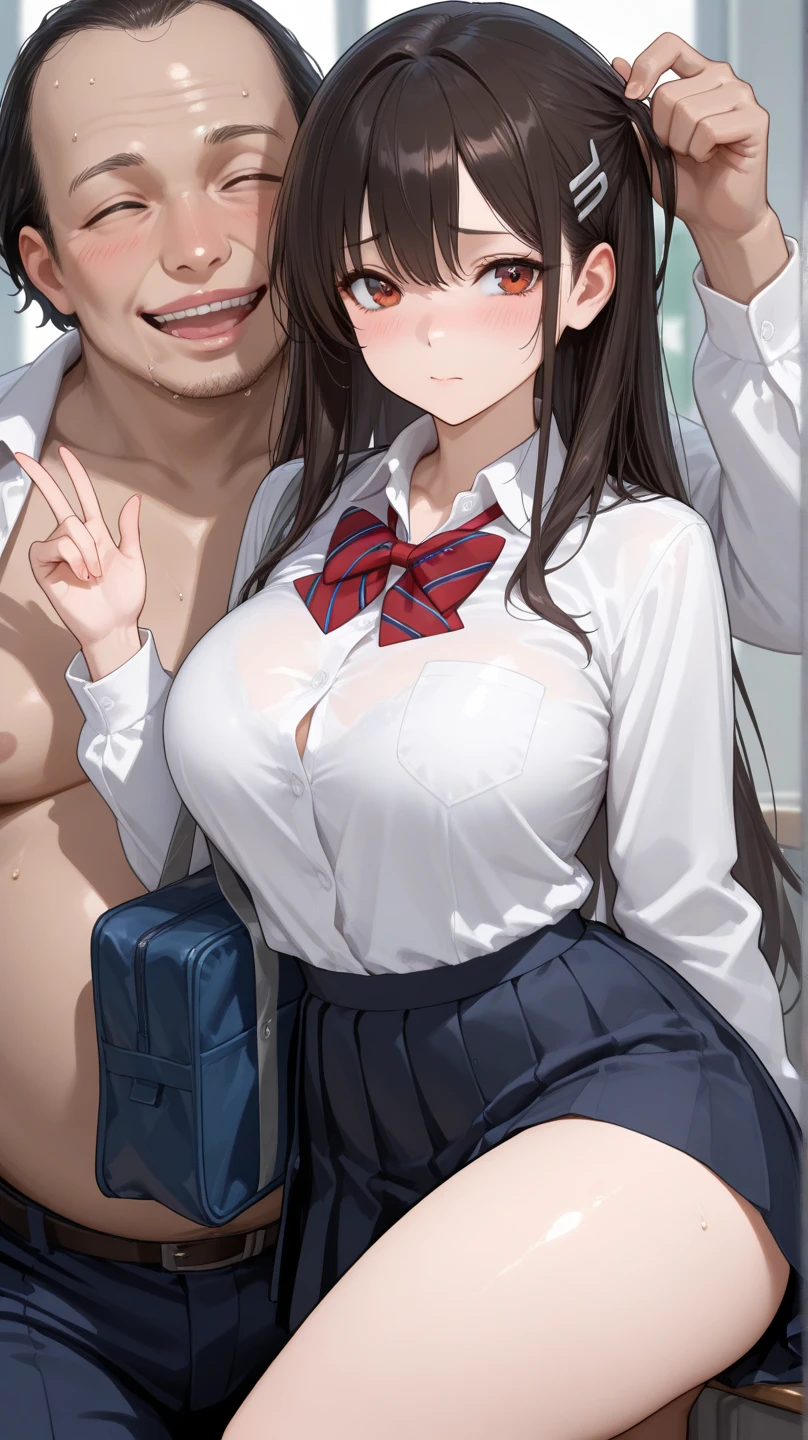 masterpiece, best quality, (1faceless boy:1.3),(boy grabbing breast:1.1),1girl .(school uniform:1.2), black long hair,brown eyes,(classroom:0.8), (sunset:0.7),(medium breasts:1.4), (sad smile:0.8)