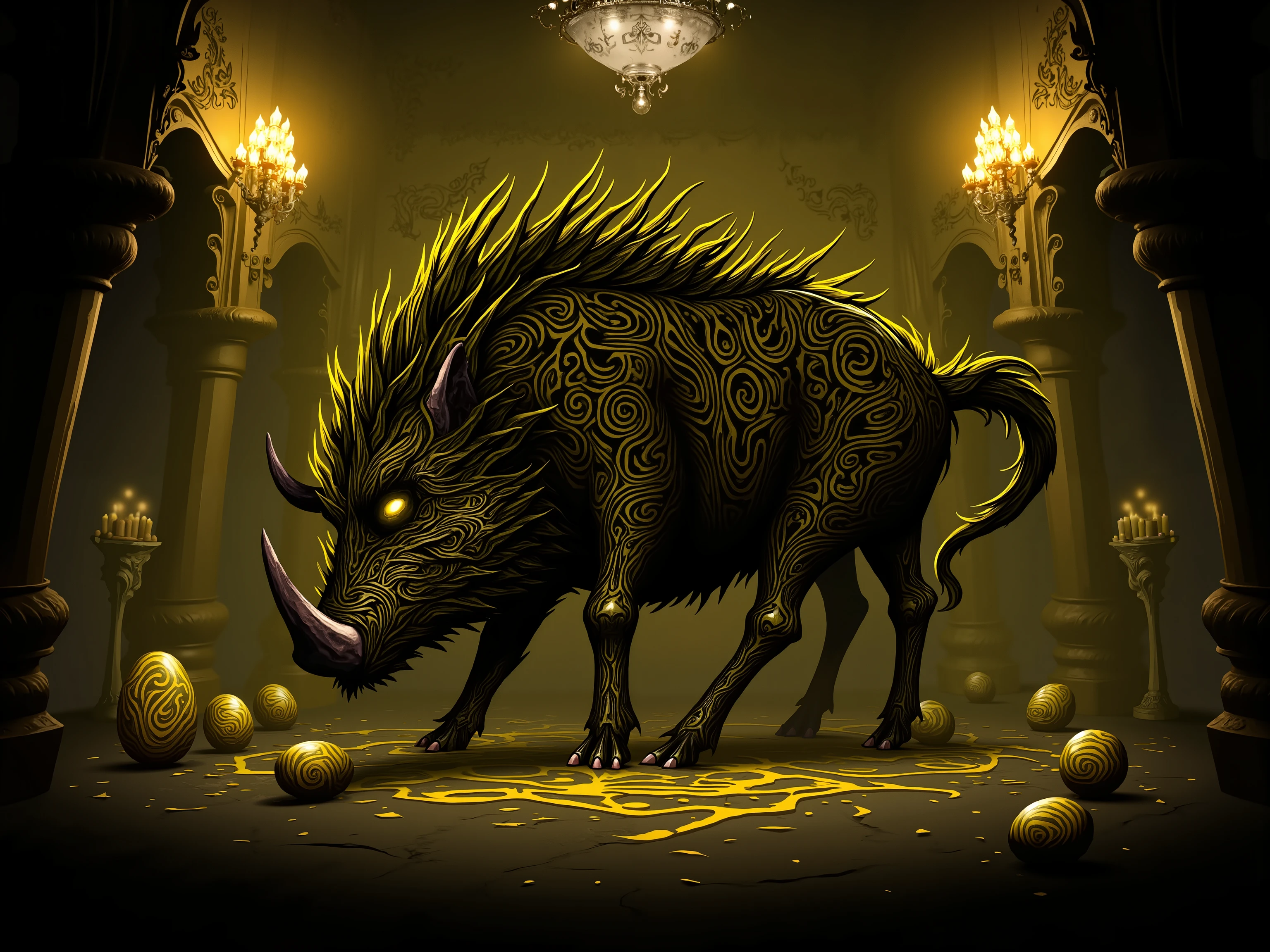 4pp4l4chi4 Folk Horror, NieR, a large boar made up of swirling yellow and black shadows, covered in armor plates, in a brightly lit baroque ballroom, eggs made of swirling yellow and black shadows