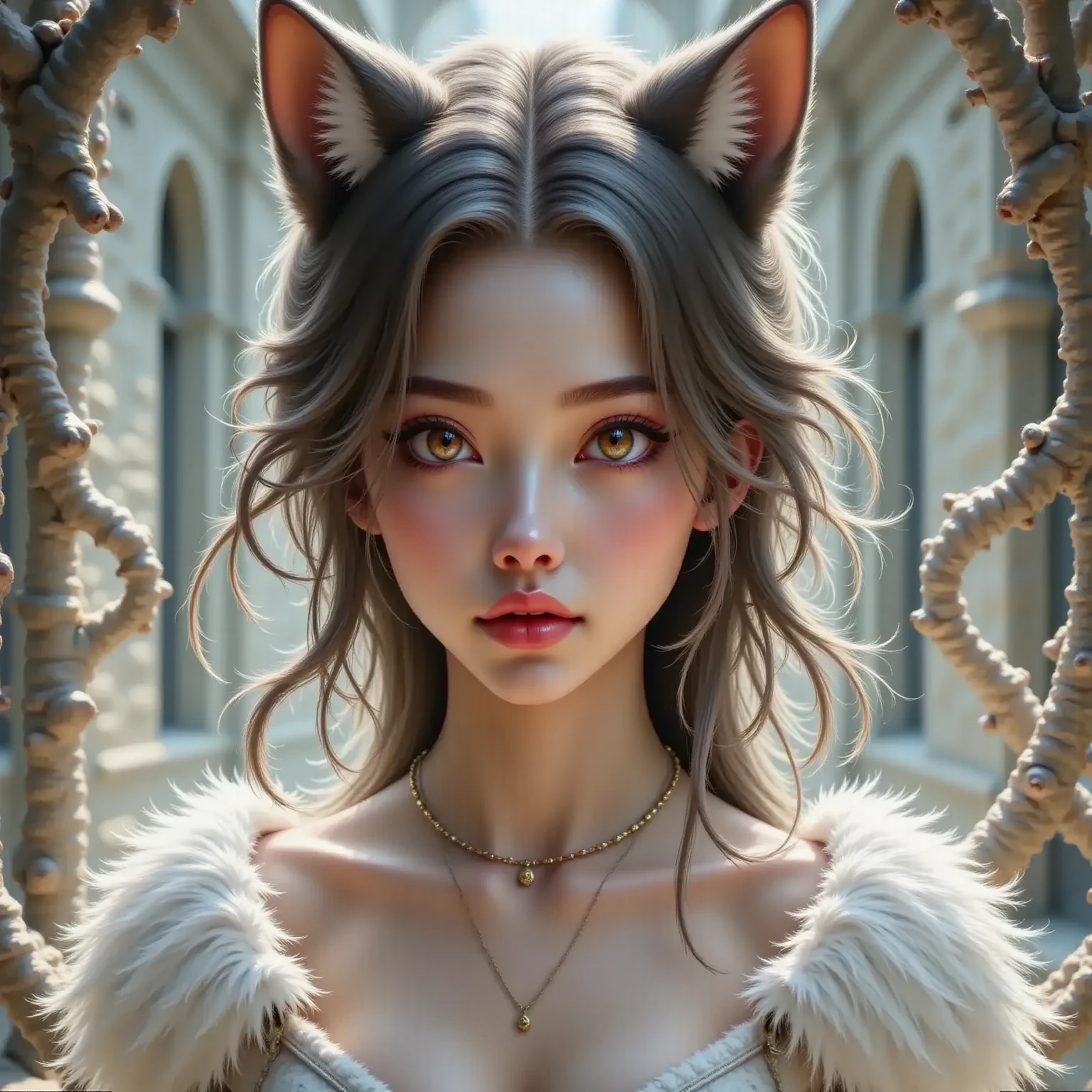 Generate a high-quality 3D image of cute monsters using advanced rendering and modeling techniques. Use the following software for creation: 3DS Max, SketchUp, SolidWorks, AutoCAD, Blender, Vectary, MeshMixer, and Unreal Engine 5. Apply photon mapping, radiosity, and physical rendering techniques with automatic white balance for realistic lighting. Create a cinematic lighting setup with a slightly intensified twilight effect. Ensure the final image has a soft focus effect, but remains ultra-detailed and realistic. The artwork should not be based on a specific photograph. Evoke a sense of technology and high-quality craftsmanship, reminiscent of a masterpiece of illustration and CG art. Include elements of unity, wallpaper, and official art in the composition. Present fine details, extreme delicacy, and beauty, with sharp focus and a high level of detail. Render the woman's hair with detailed fringes. Render the final image with a black background and a plain background. Do not include any watermark or text overlays in the generated image.