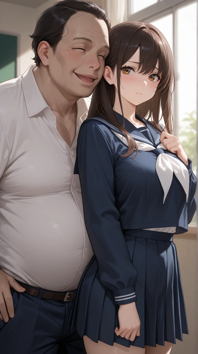 (masterpiece:1.4)、(1male people:1.9)、1girl、15 years old,(:1.2),high school student,beautiful girl,(short ponytails:1.2),akb48,nogizaka46,sailor suit,high ,(A father is touching his delicate girl's crotche:1.9)、student clothes、a closeup、Lying in bed、Father touching the crotch of delicate girl、(Cute 15-year-old delicate girl with semi-long hair and 50-year-old father with short hair)obscenity:1,2、Metamorphosis:1,2、NSFW:1,2、caress:1,2、Wrinkles between the eyebrows、Touching each other's crotches、red blush、toppless、White panties、Dark blue pleated mini skirt、tre anatomically correct,(small breasts:1.2),(skinny:1.2),