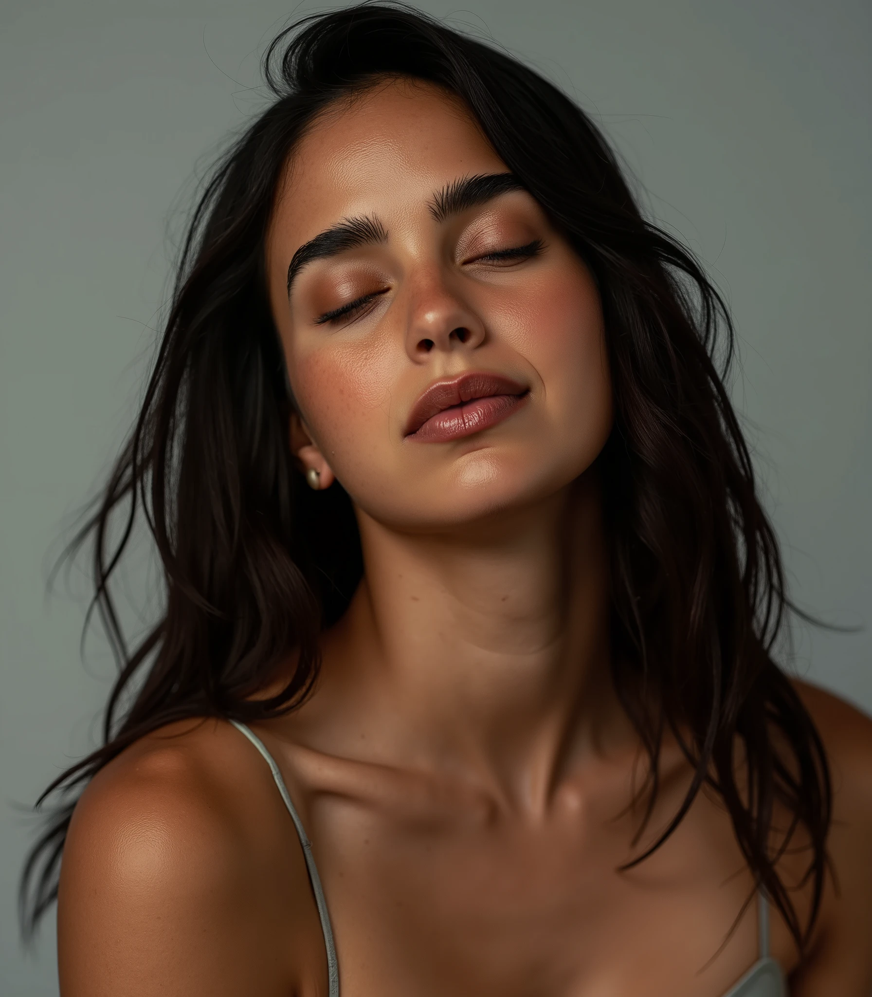 mel_barrera, A studio photography of a beautiful woman with her eyes closed, shot on sony a7riv camera, indoor, soft diffused studio lighting, minimalistic, photorealism, 4k resolution, ultra high quality, realistic proportions, low contrast, face focused, long hair