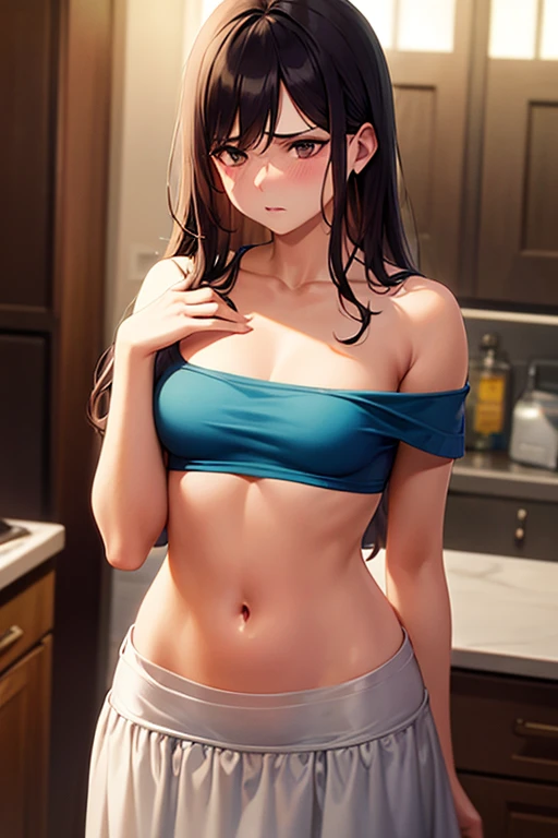 (elf girl), master piece, blushing, freckles, wide hips, slim waist, thick thighs, masterpiece, best quality, sfw, mature 36 year old woman, brown hair, moist face, wavy hair, mouth open, shiny. lips, beutiful round eyes, cropped hoodie, black hoodie, large cropped hoodie, thick hoodie, indoors, camel toe, arms up, cleavege, ponytail, standing in kitchen, dwarfoil, hot, sweaty, high leg pantie thong, hand in front of mouth hiding smile, messy hair, loose hair