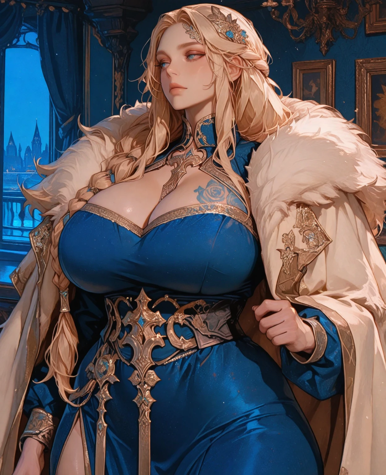 (masterpiece:1.5), highlydetailed, mature female, (bestquality), milf, (blonde hair:wavy hair with big curls:0.5), long hair, (ample bosom:blindfolded:0.7), alluring, French woman,anime girl with a big breast and a big ass in a blue outfit, inspired by Li Chevalier, thicc, commission for high res, royal elegant pose, highly detailed exquisite fanart, [ 4 k digital art ]!!, zerochan art, extremely detailed artgerm, sfw version, pixiv 3dcg, cutesexyrobutts