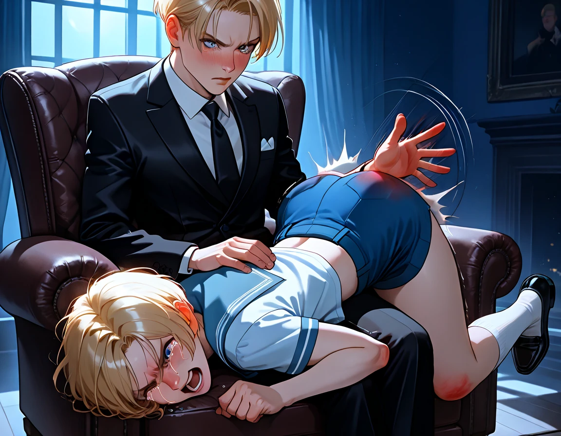 ((1girl)and(1boy)),hetero, ((((saber))),artoria pendragon/(((fate/)))) , ahoge, blonde hair, green eyes, hair between eyes, middle breasts, 15 years old, braided bun, hair blue small bow, (white blouse, collared shirt, long sleeves), blue neck ribbon, (medium skirt, high-waist skirt, blue skirt, pleated skirt,) black pantyhose, (ahegao),(trembling), erectile nipples, (cum:1.4),cum in pussy,(cum on clothes:1.4), cum on breasts,cum on body,cum facial, bukkake,cum in mouth,cum on hair,(excessive cum), (1boy, short stature:1.4),small penis, dark-skinned ,interracial, ((vaginal,sex)),(upright straddle,couple,face-to-face), clothed sex, intercourse with boy, ((wrestling ring)), (masterpiece,best quality:1.3),(ultra-detailed,high resolution:1.2),(illustration),((an extremely delicate and beautiful)),(detailed background),