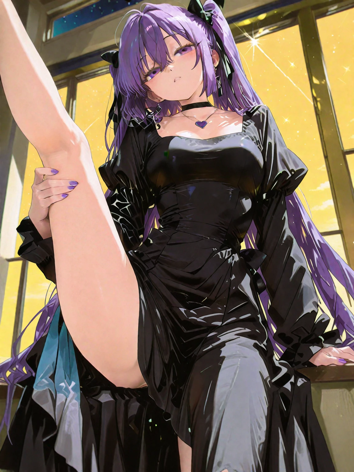 Best Quality, (masutepiece:1.2), Highly detailed,Fate/Stay in the background, Night, Cityscape, city, Moon, Blue theme,Medusa_nffsw,1girl in, Solo,  Looking at the viewer, Closed mouth,absurdly long hair, Purple hair, Floating hair,Dress, Short dress, thighs thighs thighs thighs, Strapless, Detached sleeves, forehead mark, Choker, cleavage、Naughty big、large full breasts、(black panties:1.3)(Fully exposed panties:1.5)、Sit with your knees bent、Eight-headed body、beauty legs 、As if looking up from below、(knees to chest),
