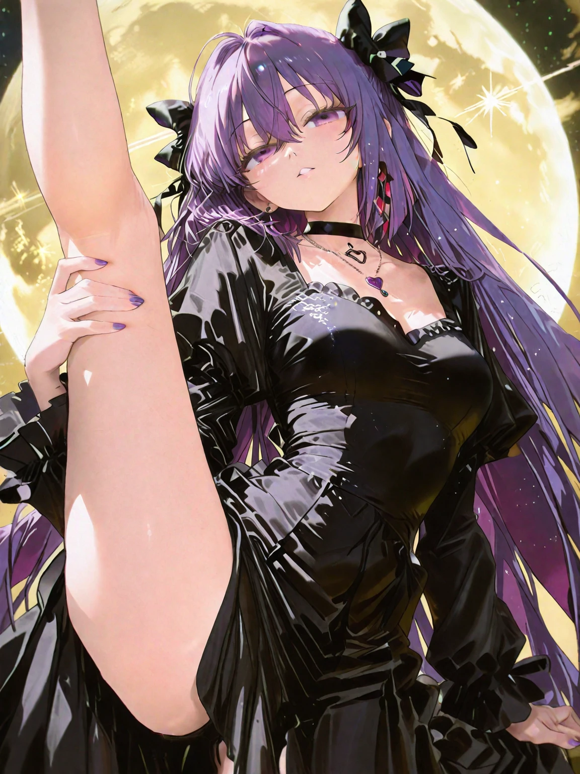 Athena,Extra long purple hair,Purple Eyes,Appearance is that of an adult female,Purple jumpsuit,Black trench coat,There are small purple and gold decorations,The long jumpsuit is very sexy,barefoot,A black hole in the background universe,Purple black hole