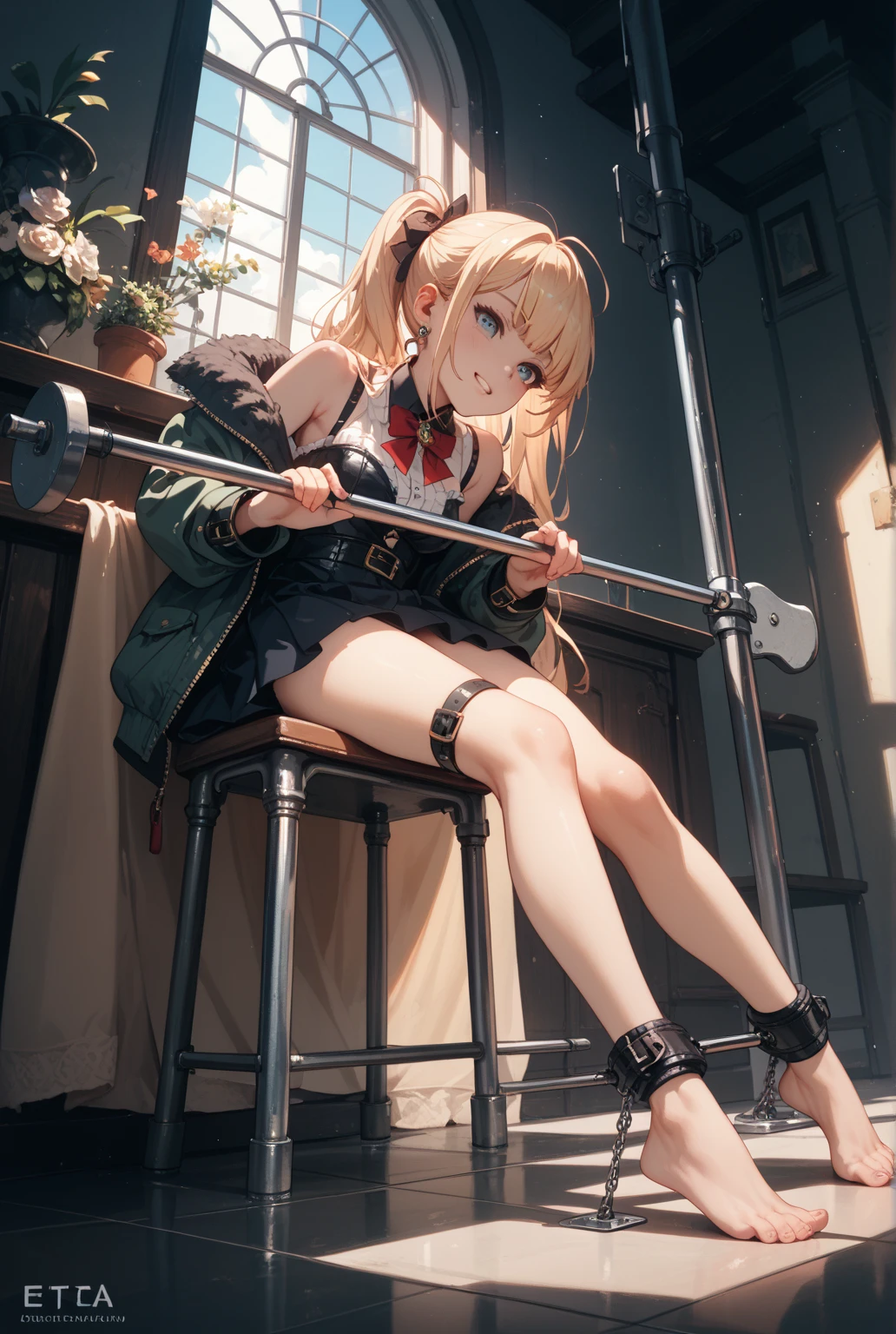 in 8K、top-quality、​masterpiece、ultra-detailliert、Ultra-high resolution、((1 persons))、poneyTail、a yellow hair、Braided hair、makeups、Home、sitting down on the floor、bare-legged , the legs are open。look at the camera , perfect hands, complete anatomy), nude , naked , M-shaped legs, women opening legs , spread legs , hands up , tied to a chair in a basement, restraint, bdsm, restrained legs, restrained arms, bound, bound to chair, rope, tied with ropes, beautiful body, beautiful face, tied to chair with ropes, restrained body, unable to move, bondage ropes,  tied up, machine bondage, fully restrained body, ropes everywhere, strictly tied, hardcore bondage ropes, machine bondage,glasses